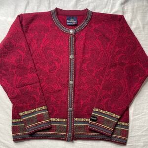Skjaeveland Norway Red Wool Fair Isle Sweater Cardigan Small Pewter Button Cozy